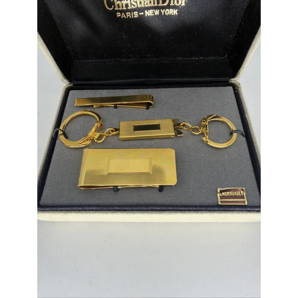 Vintage Christian Dior Accessory Kit Money Clip Tie Bar Keychain Gold Tone Set